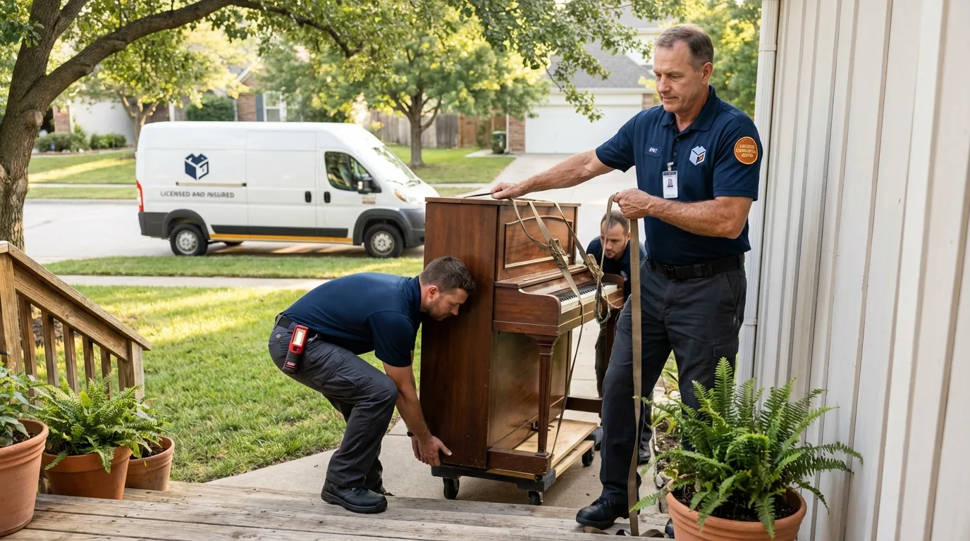 Licensed piano movers securing grand piano in Akron, PA