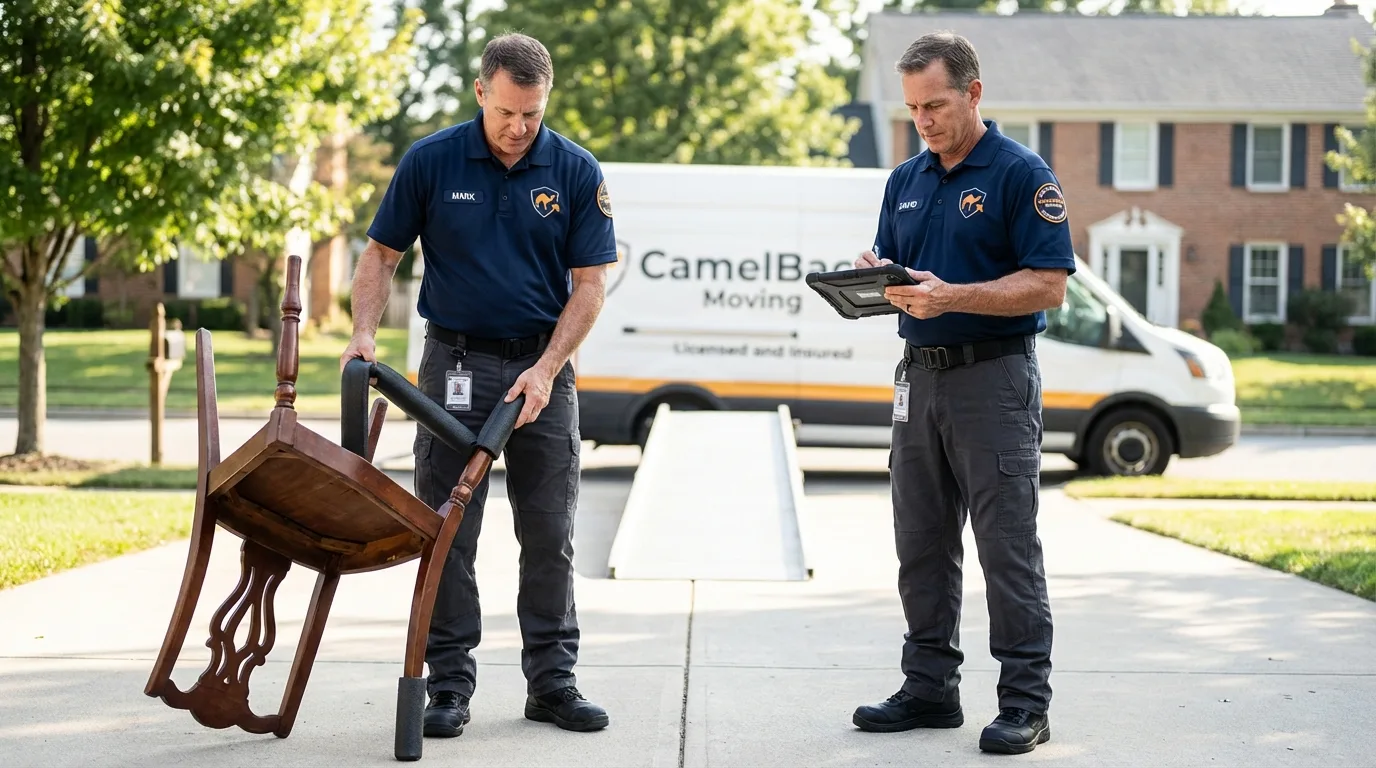 Movers inspecting furniture for damage prevention before loading in Akron, PA