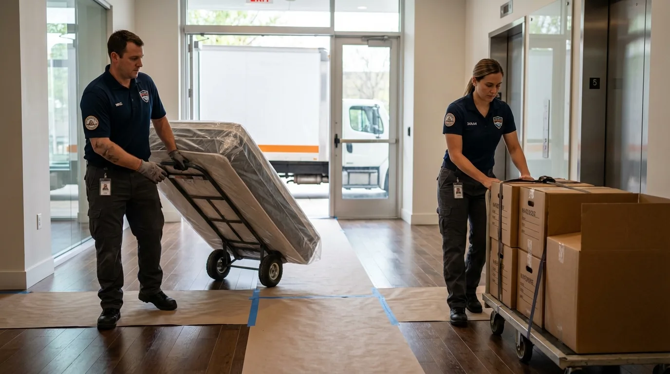 Professional apartment movers loading elevator in Akron, PA